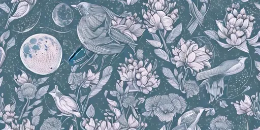 Prompt: Random detailed pattern of flowers, birds, the moon