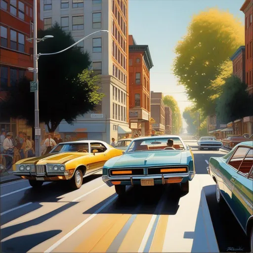 Prompt: 1970s, Seattle, car chase, sunny weather, warm atmosphere, cartoony style, extremely detailed painting by Greg Rutkowski and by Henry Justice Ford and by Steve Henderson