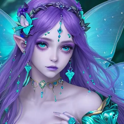 Prompt: a fairy goddesss wearing the colors purple and aqua blue, closeup