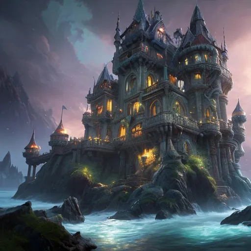 Prompt: Fantasy serene Oceanside castle landscape, a masterpiece, 8k resolution, fantasy concept art, dynamic lighting, hyperdetailed, intricately detailed, Splash screen art, trending on Artstation, deep color, Unreal Engine, volumetric lighting, photorealistic, green, Masterpiece, high-quality, intricate, highly-detailed, artstation, sharp-focus, 8k, hdr, highres, absurdres, best-quality, sharp, smooth, cinematic lighting, concept art , detailed background, professional , epic award-winning,  very-detailed, highest-quality, extremely-detailed, powerful-impression, hyper-maximalist, extremely-intricate, wallpaper, CG , unity, painterly detailed-drawing, official art, polished, high-definition. illustration, beautiful, celestial glowing, filigree, imagination dreamlike art . hypervivid, centered, Epic, cinematic, brilliant, stunning, intricate, meticulously detailed, dramatic, atmospheric, maximalist, digital, matte painting.