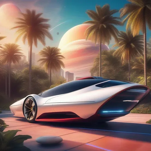 Prompt: A hovercar that looks like a Ferrari parked outside, Space Miami Background, Planets visible in the background, Palm Trees,