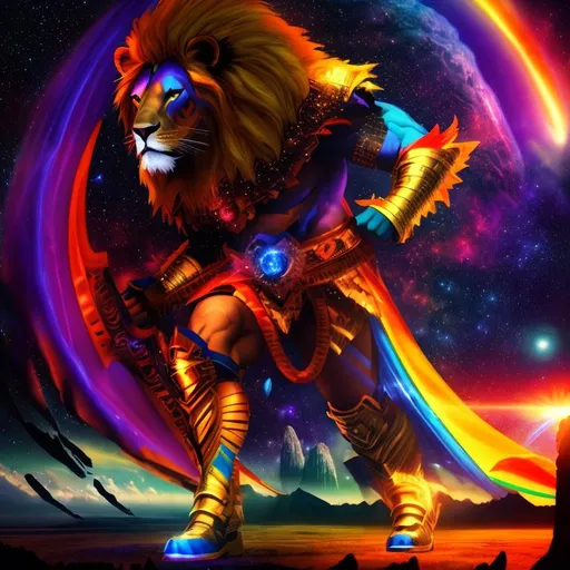 Prompt: 3D, HD, Cinematic, Dramatic, Cosmic, Epic, dark, Beautiful {Man}Lion, as warrior Nebula (Supernova red green blue yellow orange purple), hyper realistic, expansive interstellar background, hyper realistic, 8K --s99500