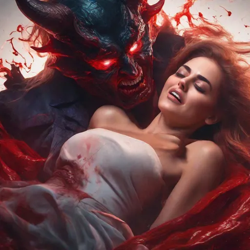 Prompt: Graphic image of a demon arrousingly strangling a beautiful woman unconscious. Horrifying vibrant bloody intense image. Everything is perfectly to scale. HD, 8k resolution, UHD, High Resolution Award winning
