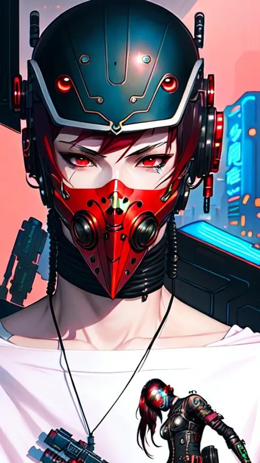 Prompt: a male, 18 years, with mask on face, cyberpunk details on face, tattoos on face and neck, red hair, cyber clothes, krenz cushart, manhua, digital painting, lofi art, adventurecore, atompunk, biopunk, cosmos, cyber art, dieselpunk, dreamy, 80s