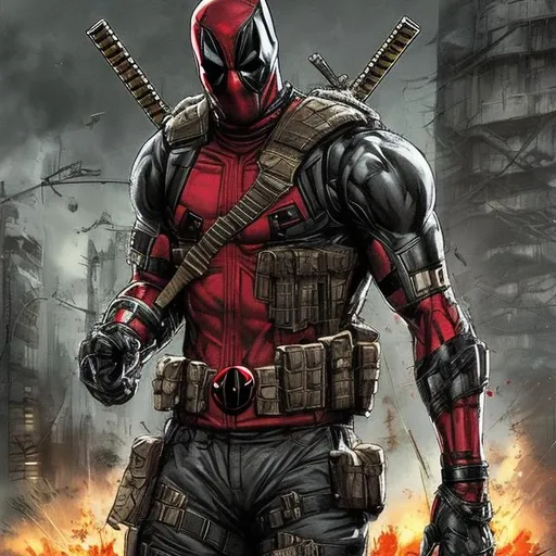 Prompt: Redesigned silver and gold military commando-trained villain deadpool. Bloody. Hurt. Damaged mask. Accurate. realistic. evil eyes. Slow exposure. Detailed. Dirty. Dark and gritty. Post-apocalyptic Neo Tokyo with fire and smoke .Futuristic. Shadows. Sinister. Armed. Fanatic. Intense. 
