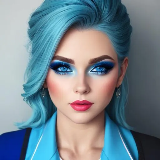 Prompt: A woman all in blue, blue eyes, pretty makeup