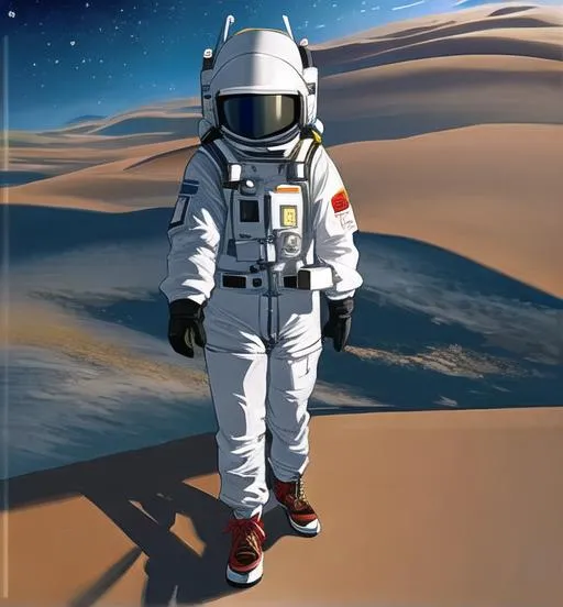Prompt: A vast ever-changing landscape is overlooked by a lone figure, dressed in an east-asian astronaut outfit