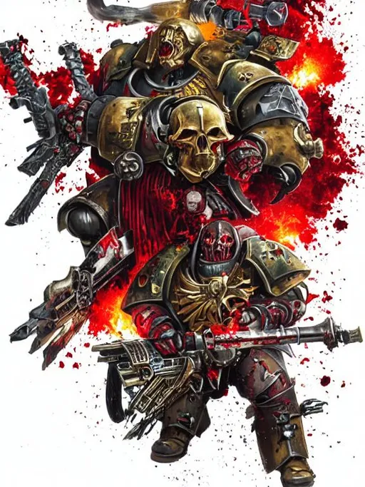 Prompt: warhammer 40k, dark, covered in blood, bloodied, war, battle, fighting, giant, enormous, machine of death, mechanical, chaos, skulls, skull taker, cannons, massive, war scene, battleground, in color