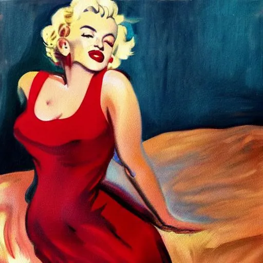 Prompt: Full body portrait of Marilyn Monroe, with legs, laying on a bed, red dress on her, color oil painting in the style of Mihály Munkácsy