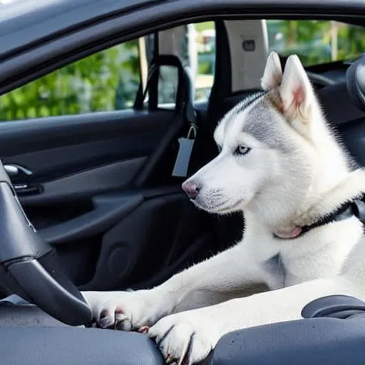Prompt: Husky Dog driving Uber Car 