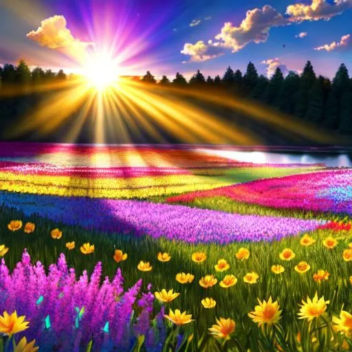 Prompt: Sun rays shining down over a field of multicolored flowers around a Lake, Vivid Colors, hyperdetailed, photorealistic, Beautiful Details, intricate Details, Colorful, Film Quality, 3D, 64K resolution, Dynamic Lighting, Sun Spot, Detailed Flower Peddles.
