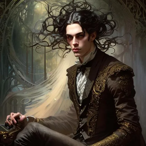 Prompt: Full body splash art of skinny male, poet, androgynous, handsome, very long attached dark wavy hair, pale skin, victorian clothes, elegant, highly detailed, intricate, smooth, sharp focus, artstation, digital painting, concept art, art by greg rutkowski, alphonse mucha and John William Waterhouse, dark, eerie, gothic, creepy, romantic