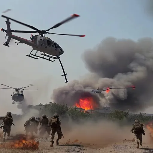 Prompt: an heli on fire and the military base while soldiers run for their life