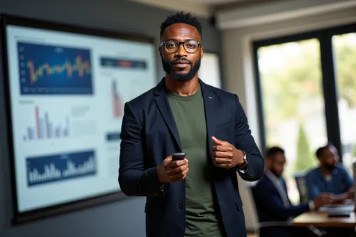 Prompt: realistic photography male adult fe5e175c with short curly hair, black beard, glasses, dark jacket, green shirt wearing formal business attire, standing confidently in front of a large digital screen or projector, mid-presentation, gesturing with one hand while holding a remote or pointer in the other, professional and focused expression, sleek modern office or conference room setting, daylight coming through large windows, seated audience slightly blurred in the background, business charts or graphs visible on the screen, dynamic and engaging composition, business theme, confident and charismatic posture.