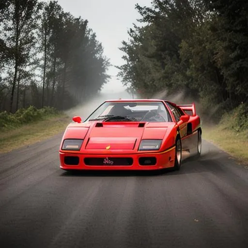 Prompt: Ferrari f40 offroading on hard course, cinematic lighting, mist in background