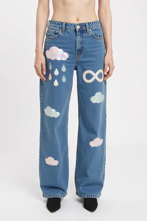 Prompt: A pair of high-waisted, wide-leg denim jeans captures attention with their playful, whimsical design, featuring glossy, pastel-colored embellishments. Adorning the fabric are cheerful motifs of fluffy clouds, shiny raindrops, and an infinity symbol, all presented in a soft iridescent sheen that catches the light beautifully. The jeans convey a sense of lightheartedness and creativity, set against a clean, white background that emphasizes their unique style. The model stands confidently, showcasing the trousers paired with sleek black heels, adding a modern flair to a nostalgic denim silhouette. Overall, the combination of playful graphics and contemporary fashion creates a striking visual narrative that celebrates individuality.
