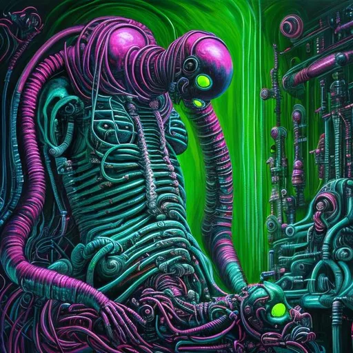 Prompt:  fantasy art style, painting, giving birth, pain, long neck, woman, bloated belly, pregnant belly, evil, demon, Satan, woman giving birth, machine, medical machine, ultrasound, MRI machine, robotic, green, green lights, green neon lights, lightning, colourful, murky, H. R. Giger, biological mechanical, pipes, evil robot, egg, queen, queen ant, snakes, serpents, eels, tentacles, jellyfish, giant robot, robot, machine, pregnant robot, war machine, inseminate, insemination, pregnancy, pregnant, mother, mother with pregnant belly, pregnant woman, futuristic, dystopian, alien, aliens,  insemination, egg laying, spawn, egg chamber, uterus, womb, placenta, procreation, breeding, brood, clutch of eggs, reproductive organs, giving birth, female, sperm, zygote, embryo, blood, veins, organs, shaft, pump, hammer, 
Apocalypse, birth canal, cervix, glands, birth, cesarean, operation, surgery, tree roots, roots, twigs, sticks, branches, tree, milk, bleeding, hole, sacral vertebrae, spine, vertebrae, brain, skull, pelvis, bone, bones, giant monster, helmet, beetle, wasp, fly, dragon fly, moth, spider, slug, snail molluscs, shell, egg yolk, whip, tail, tendrils, antennae, gas mask, mask, malnourished, horror, gore, grotesque, skeleton, xenomorph, face hugger