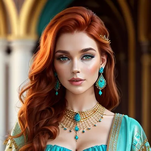 Prompt: Beautiful ethereal woman with auburn hair. wearing turquoise and gold jewelry, facial closeup