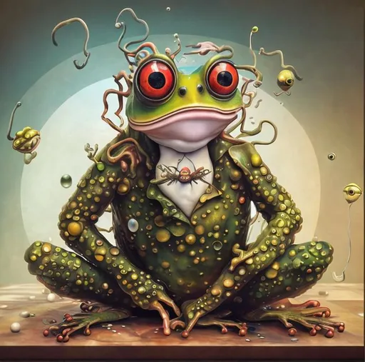 Prompt: a digital artwork that brings the spirit of Dadaism into the form of a frog. This surreal and whimsical piece takes the concept of Dadaism and translates it into a frog-like creature that defies logic and embraces the absurd.