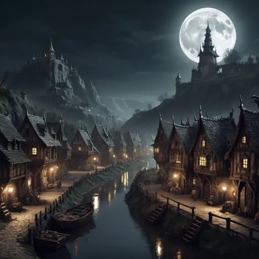 Prompt: Warhammer fantasy rpg style town in dark mood with huge moon by river reik