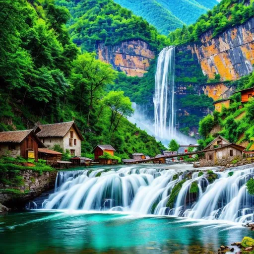 Prompt:  rural village with water fall and mountains , 4k, higher resolution, 