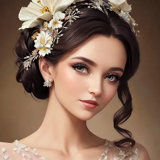 Prompt: Beautiful woman portrait wearing an ecru evening gown, elaborate updo hairstyle adorned with flowers, facial closeup