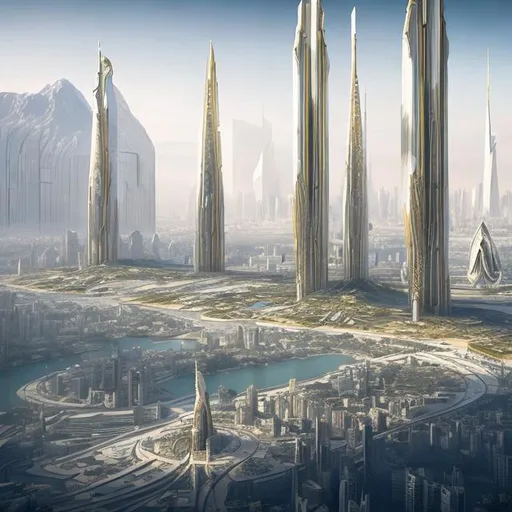 Prompt: City in the far future with sinous towers in white and gold. Megastructures and spaceships everywhere. White and gold, majestic, award winning, solarpunk.