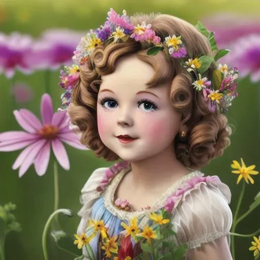 Prompt: yoing Shirley Temple as a fairy goddess of summer,wildflowers, closeup