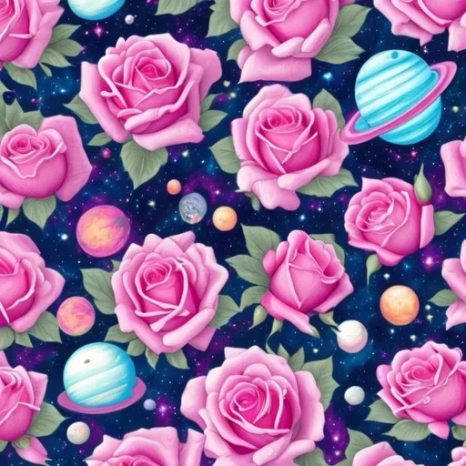 Prompt: Pink roses in outer space in the style of Lisa frank