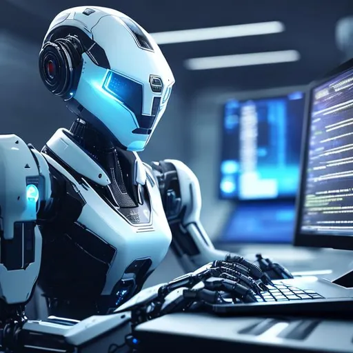 Prompt: A futuristic robot writing code with a futuristic computer