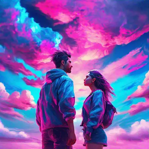 Prompt: A handsome guy and beautiful girl standing under beautiful clouds vibrant blue and pink color, cyberpunk, trippy sky, vibrant colors, HD, 4K, professional brush work, detailed, cinematic shot, better