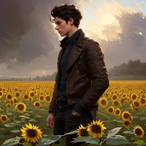 Prompt: Wide angle full body splash art portrait of a young skinny ruggedly handsome dark brown haired man with short hair, 25 years old, in a sunflower field, very dark brown eyes, victorian light clothes, elegant, highly detailed, intricate, smooth, sharp focus, artstation, digital painting, concept art, art by greg rutkowski, alphonse mucha and John William Waterhouse, light, romantic, nostalgic, warm colors, golden light