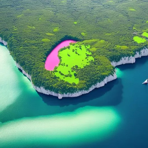 Prompt:  huge pink and green island with small sail boat in the lake in the center of the island