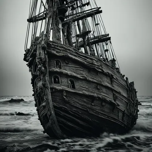 Prompt: A weathered pirate ship, aged oak with emerald moss, sails of ghostly white. Sea-foam green aura, adding an eerie yet adventurous ambiance. Shot with a Leica M10 Monochrome, capturing the textured grayscale aesthetics. Angled at 50mm, hero shot, suitable for a mysterious maritime editorial