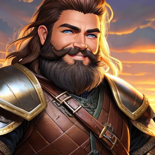 Prompt: oil painting, D&D fantasy, tanned-skinned-dwarf man, tanned-skinned-male, short, stout, short bright brown hair, long beard hair, smiling, looking at the viewer, fighter wearing intricate armor outfit, #3238, UHD, hd , 8k eyes, detailed face, big anime dreamy eyes, 8k eyes, intricate details, insanely detailed, masterpiece, cinematic lighting, 8k, complementary colors, golden ratio, octane render, volumetric lighting, unreal 5, artwork, concept art, cover, top model, light on hair colorful glamourous hyperdetailed medieval city background, intricate hyperdetailed breathtaking colorful glamorous scenic view landscape, ultra-fine details, hyper-focused, deep colors, dramatic lighting, ambient lighting god rays, flowers, garden | by sakimi chan, artgerm, wlop, pixiv, tumblr, instagram, deviantart