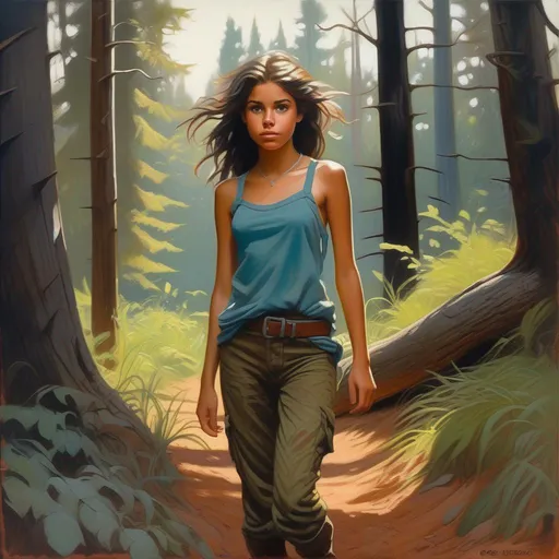 Prompt: Feral teenage girl, covered in dirt, in a forest, cartoony style, extremely detailed painting by Greg Rutkowski and by Henry Justice Ford and by Steve Henderson 