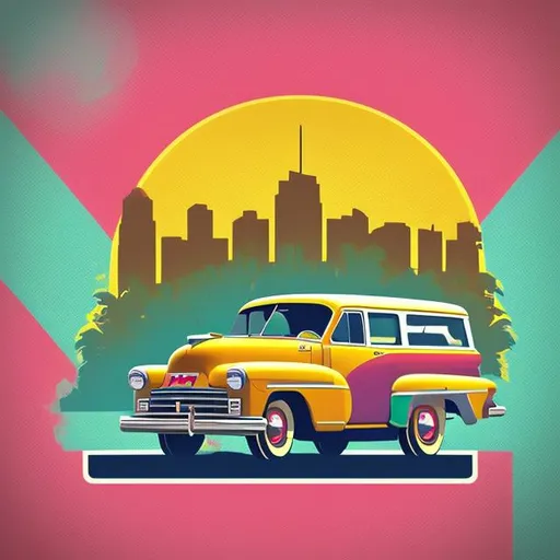 Prompt: graphic design t-shirt, flat design , old GMC suburban 1952 car, Miami street, colorful hues, highly detailed clean, vector image, photorealistic masterpiece, professional photography, realistic car, simple sunrise background for the car, flat black background, isometric, bright vector((black background))
