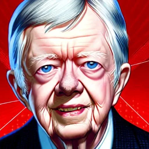 Prompt: a zoomed in picture on 52 year old president Jimmy Carter.  He is a super hero. His eyes are glowing red with lasers