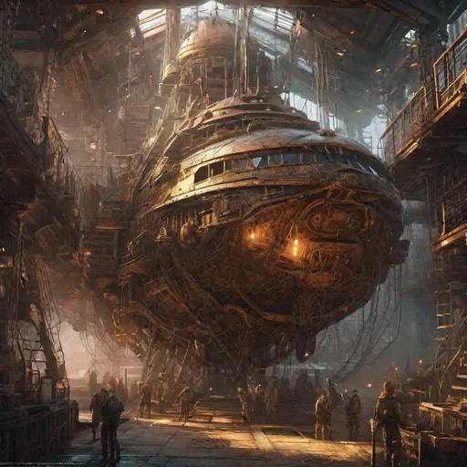 Prompt: ancient steampunk foundry deep inside a metal flying ship. fantasy world. full artwork. stunning detail