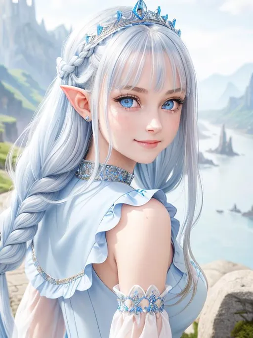 Prompt: 1 girl, happy, cheerful, queen, highly detailed blue eyes, highly detailed face, innocent looking, regal looking, regal, 8k UHD, young girl, pointy ears, divine, highly detailed blue dress, long sleeved, anime, long dress, fully clothed, fantasy kingdom backdrop, highly detailed back braided silver hair, slight front bangs, scenic view landscape, magical feel, aerial view, idyllic, overhead shot, determination