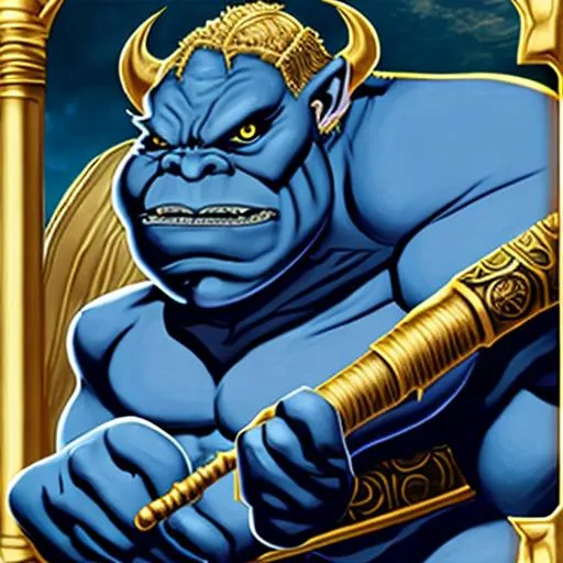 Prompt: "Blue-skinned ogre, holding a golden staff and having 3 eyes on its face."