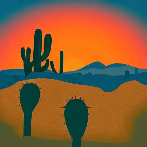 Prompt: a landscape silhouette of a desert with some cactus, vector style, good gradient, vibrant sunset
