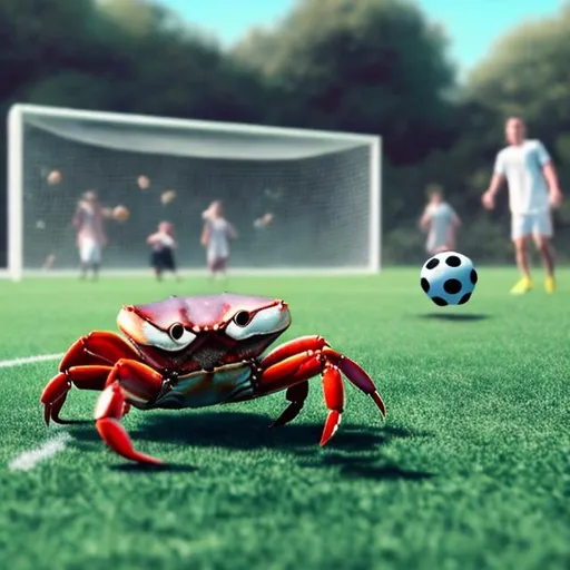 Prompt: very realistic crab playing soccer with a bunch of real humans 