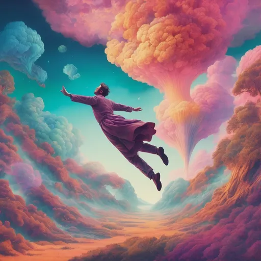 Prompt: Surrealistic illustration of a man flying on an astral plane, dreamy and surreal color palette, psychedelic vibes, detailed surreal landscape below, ethereal and transcendent experience, high quality, surrealism, astral plane, dreamy colors, psychedelic, detailed landscape, ethereal, transcendent, surrealistic, atmospheric lighting