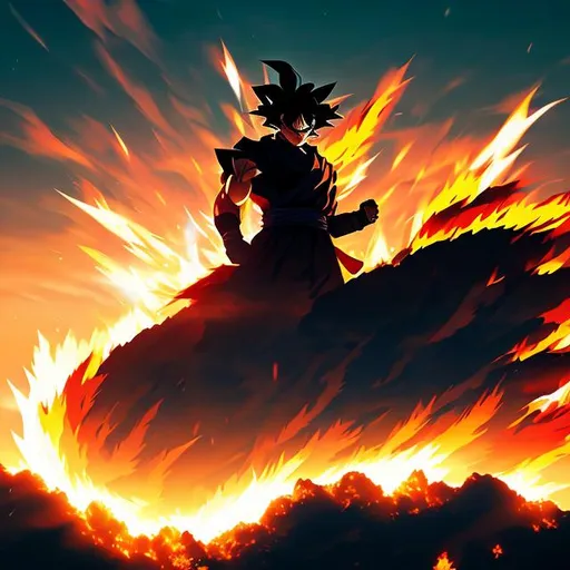 Prompt: High quality illustration of Goku, dark palette colors,  amazing digital art, Goku silhouette in middle, high definition,8k, sharp focus, dragon , beautiful landscape, artsation, light exposure, midjourney style, modern