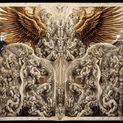 Prompt: "Create a vivid artistic representation of the cherubim as described in the book of Ezekiel. Capture the essence of these celestial beings with multiple faces (human, lion, ox, and eagle), each intricately detailed and surrounded by dynamic wings. Depict them in a posture that conveys both reverence and readiness, with their wings touching and their forms radiating a sense of divine presence. Use a blend of colors that evoke both majesty and mystery, and ensure that each face and wing is meticulously illustrated to offer a captivating portrayal of these enigmatic beings."