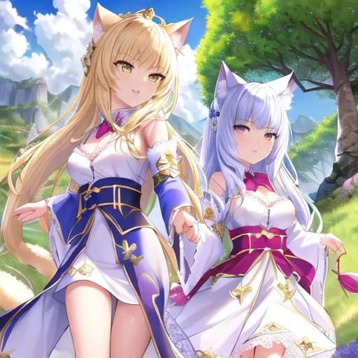 Prompt: highly detailed of vast scenic of two beautiful petite young cat girls in fantasy cotton luxury pattern white robe armor, fluffy tail, lace string sapphire accessories, running on the grass valley, cheerful, scream, highly detailed beautiful faces, highly detailed robe, looking from below, stone roads, sunshine, blue sky, cloudy, windy, colorful, detailed mountains, detailed tree, ultra detailed, ultra refine, cinematic light, clean art, final fantasy art, UHD, 8k