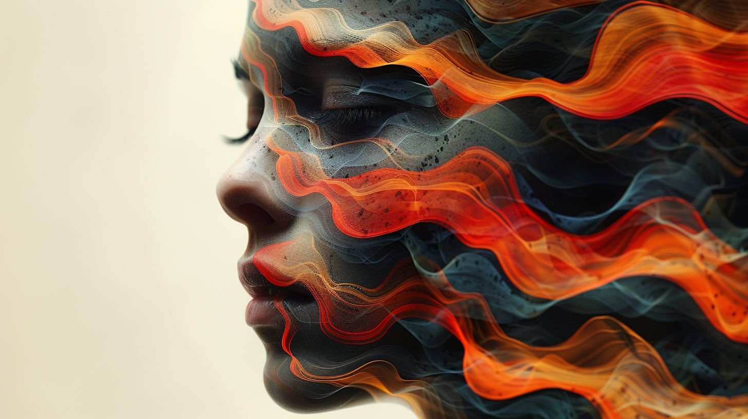 Prompt: an art work of a man with a face cut into a colorful striped background, in the style of paul corfield, illusory effects, anna dittmann, innovating techniques, retro filters, free-flowing lines, emotive faces