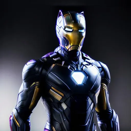 Prompt: Black panther themed iron man suit Super hero, 4k, realistic, aesthetic, shiny, black and purple,