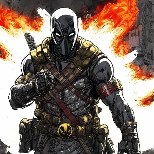 Prompt: Redesigned white and gold military commando-trained villain deadpool. Bloody. Hurt. Damaged mask. Accurate. realistic. evil eyes. Slow exposure. Detailed. Dirty. Dark and gritty. Post-apocalyptic Neo Tokyo with fire and smoke .Futuristic. Shadows. Sinister. Armed. Fanatic. Intense. 